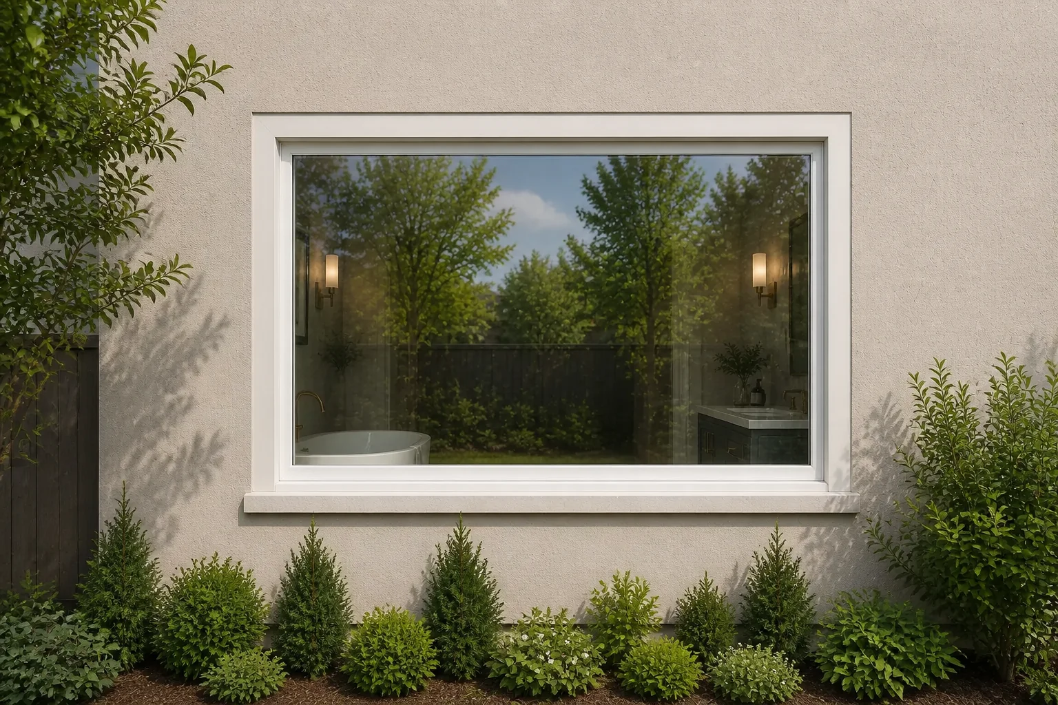Outside view of the same large bathroom picture window