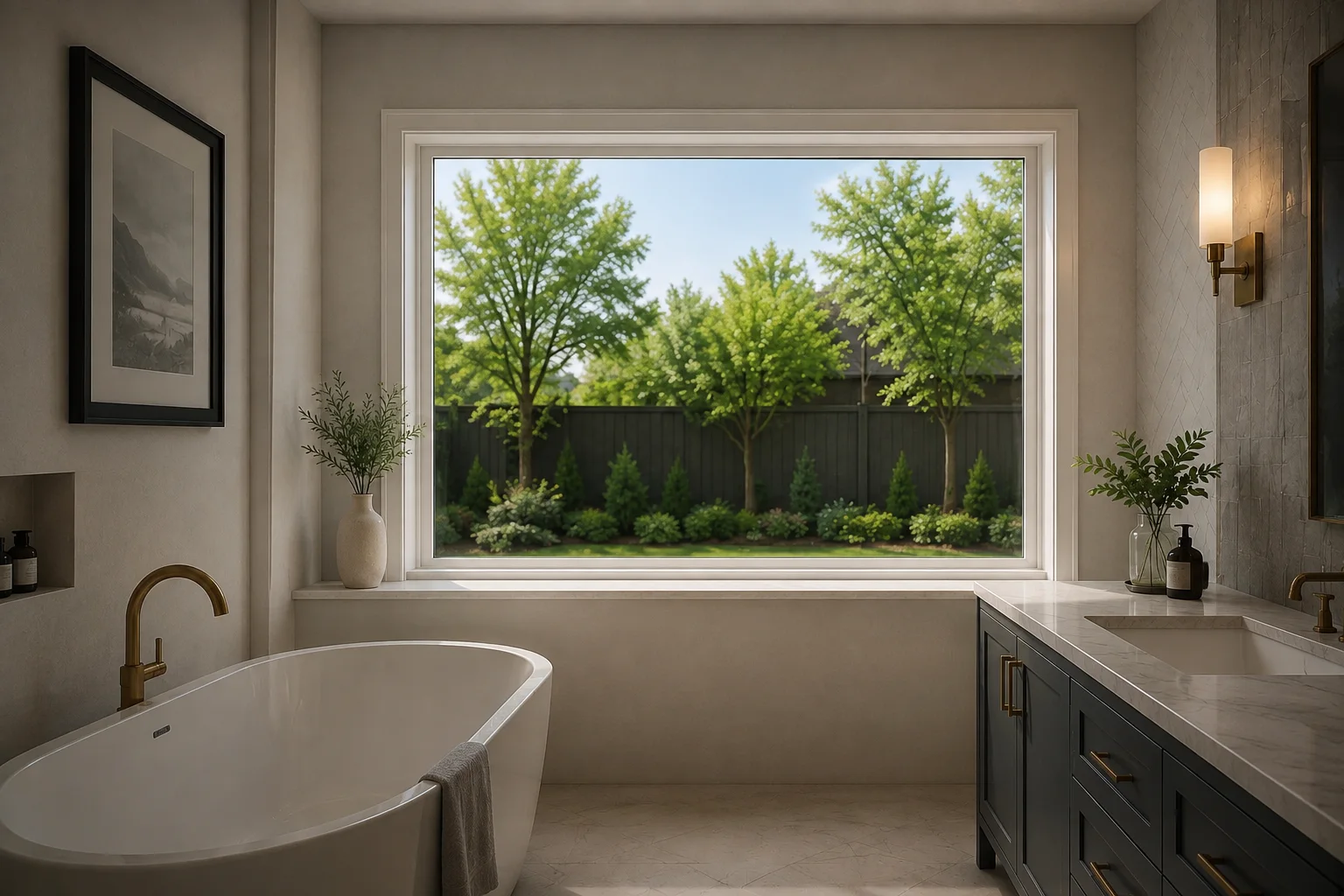 Inside view of a bathroom with a large Anlin picture window